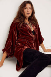 Robe chemise vintage boutonnée en velours à manches évêque et ourlet asymétrique - Rouille